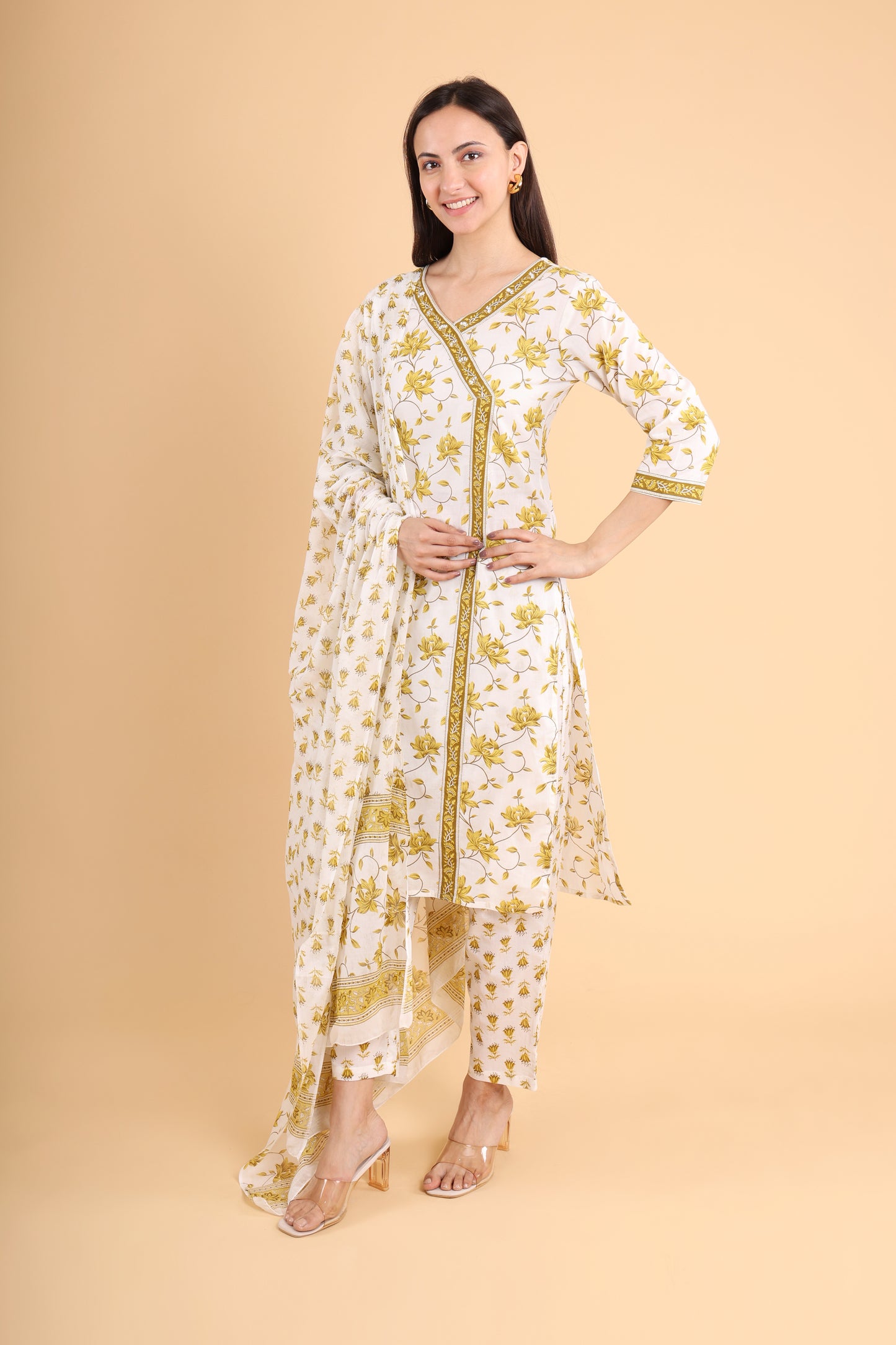 Elegant Floral Print Cotton Suit Set – White & Mustard with Dupatta