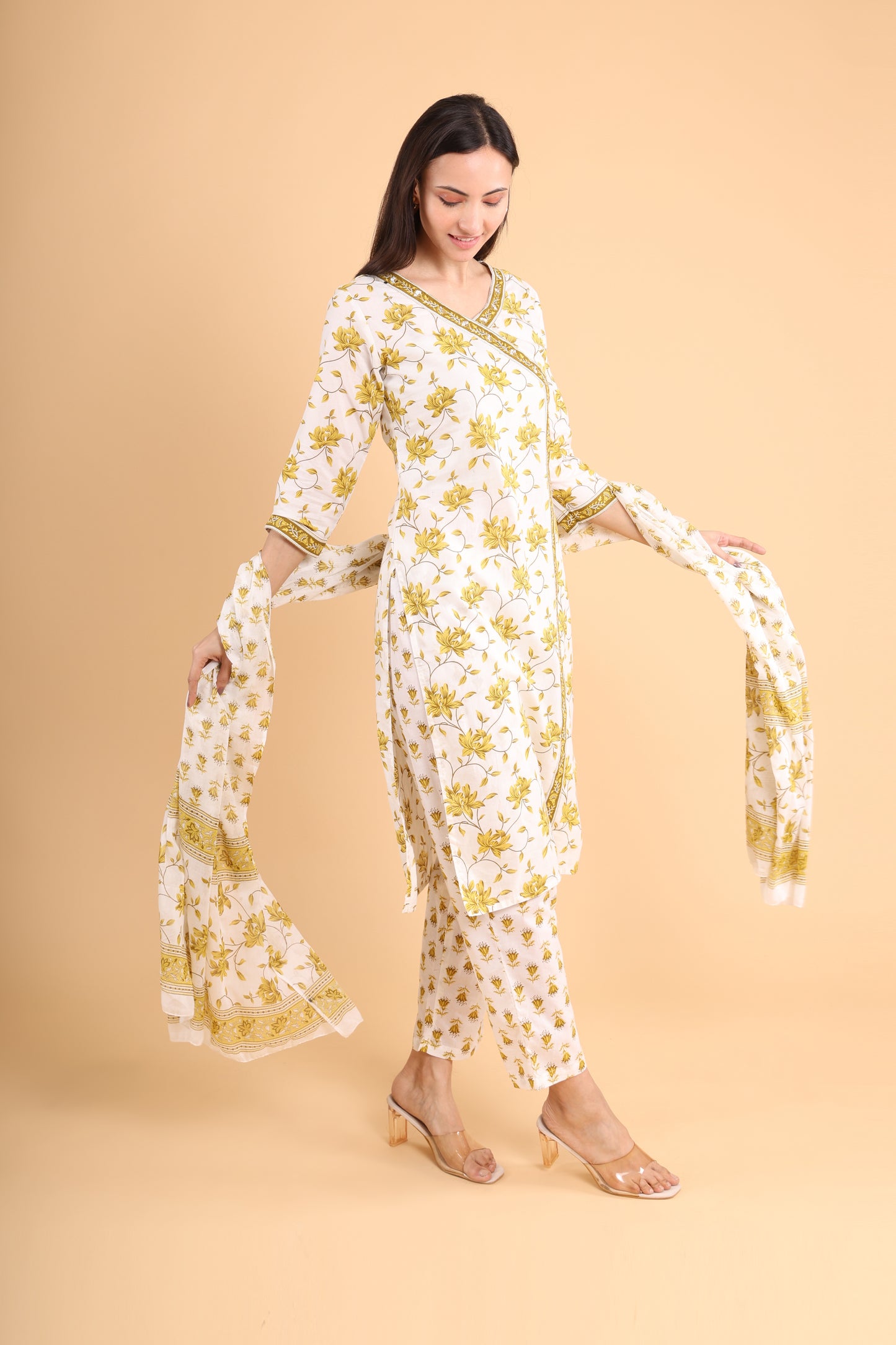 Elegant Floral Print Cotton Suit Set – White & Mustard with Dupatta