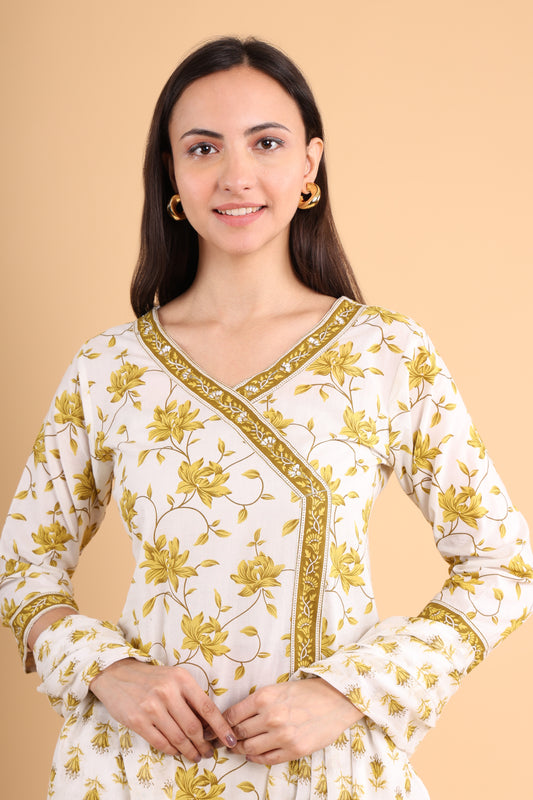 Elegant Floral Print Cotton Suit Set – White & Mustard with Dupatta