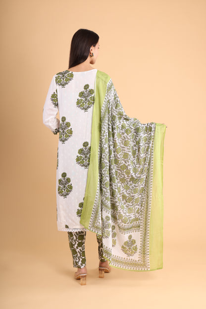 Green & White Handblock Printed Kurti Set with Dupatta