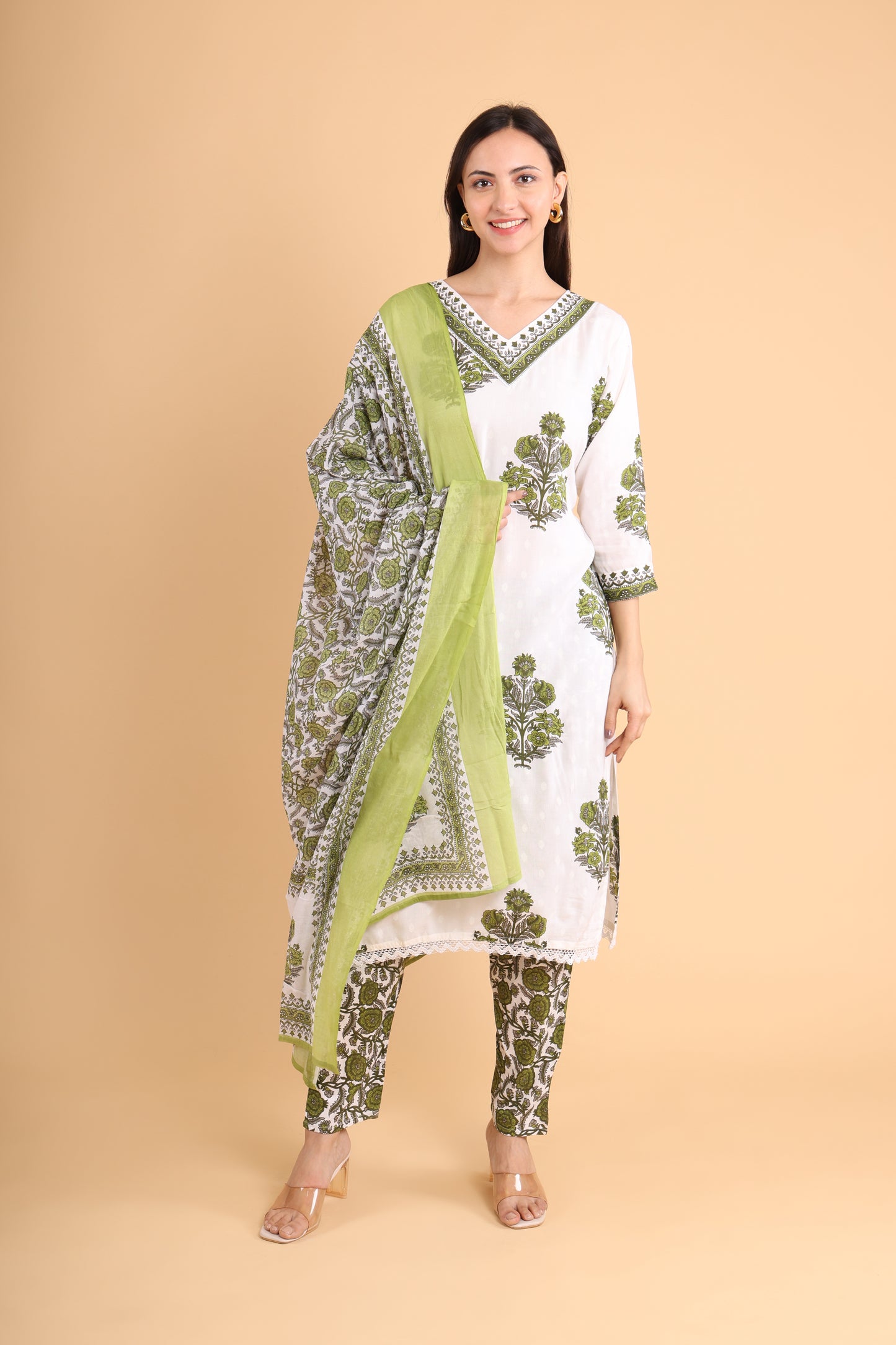 Green & White Handblock Printed Kurti Set with Dupatta