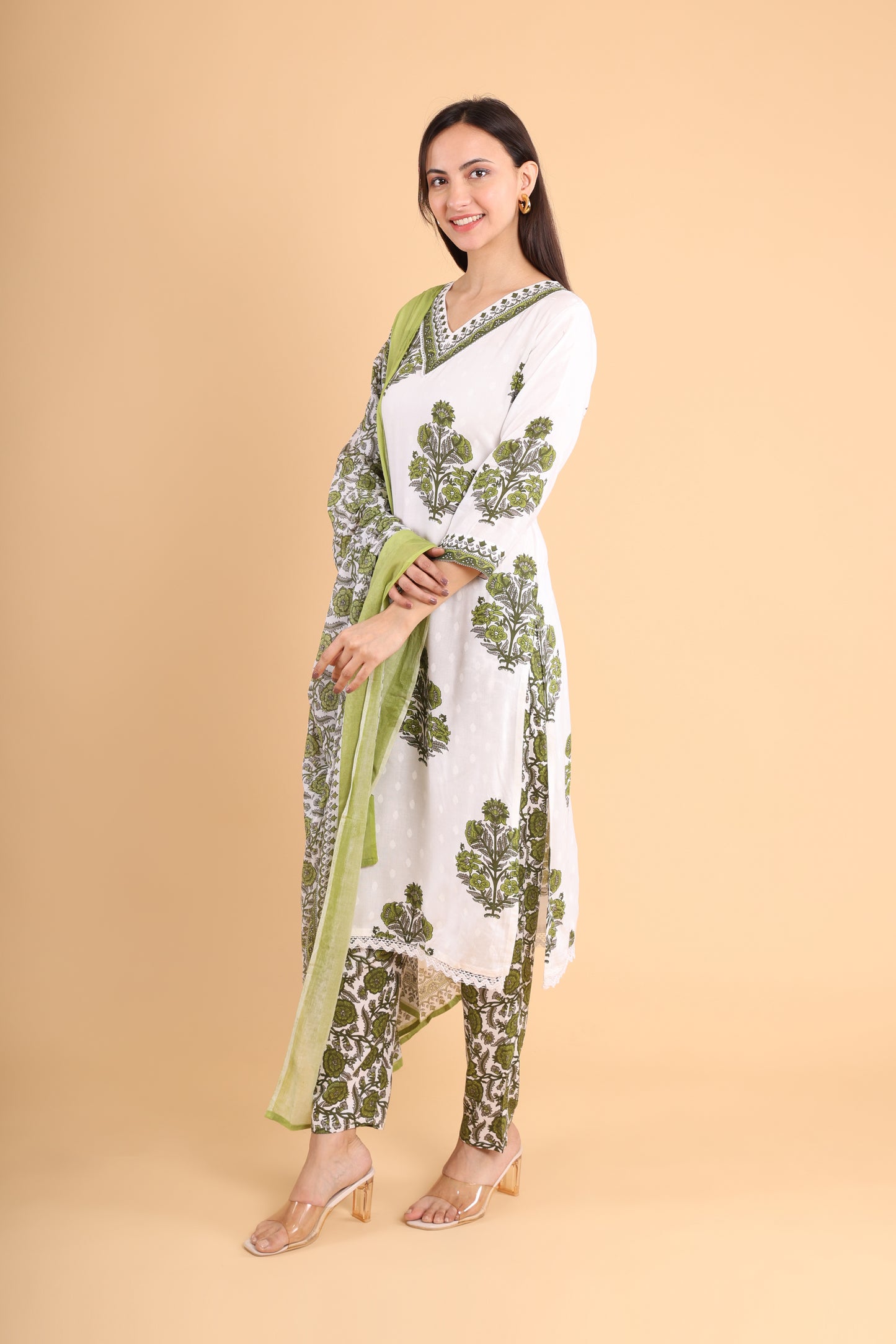 Green & White Handblock Printed Kurti Set with Dupatta