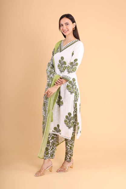 Green & White Handblock Printed Kurti Set with Dupatta