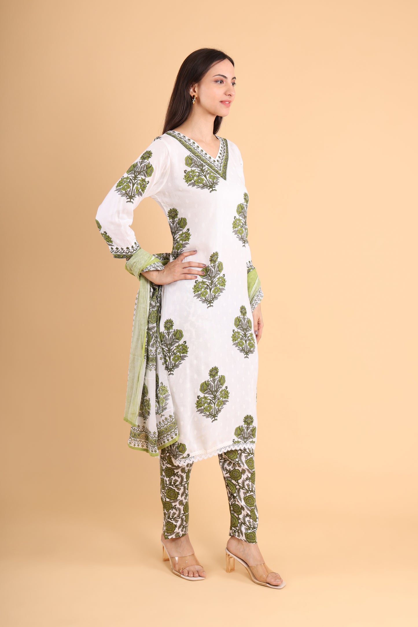 Green & White Handblock Printed Kurti Set with Dupatta