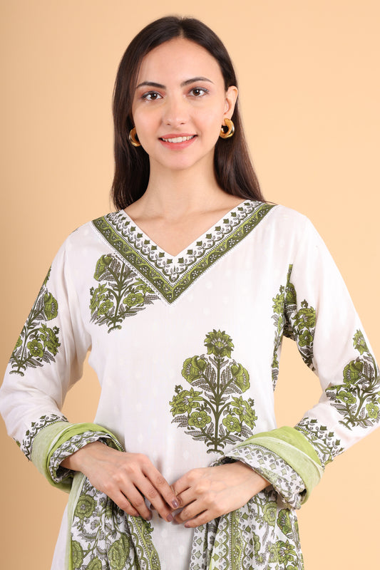 Green & White Handblock Printed Kurti Set with Dupatta