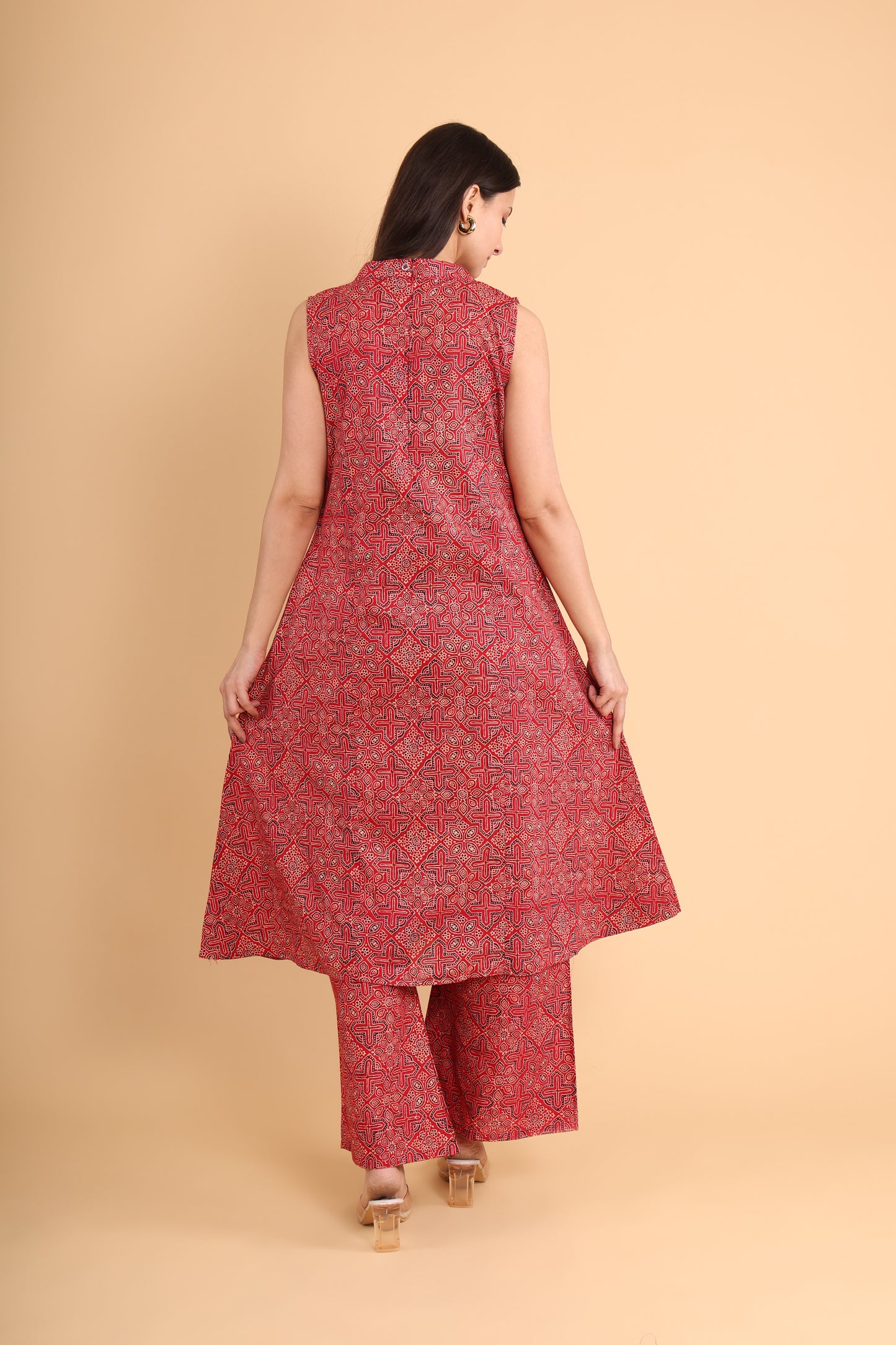 Red Sleeveless Handblock Printed Co-Ord Set