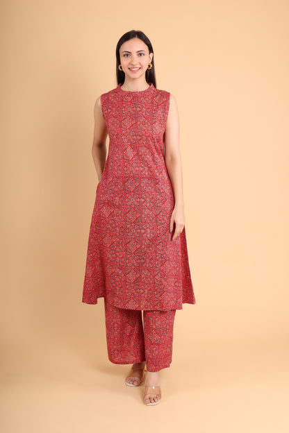 Red Sleeveless Handblock Printed Co-Ord Set