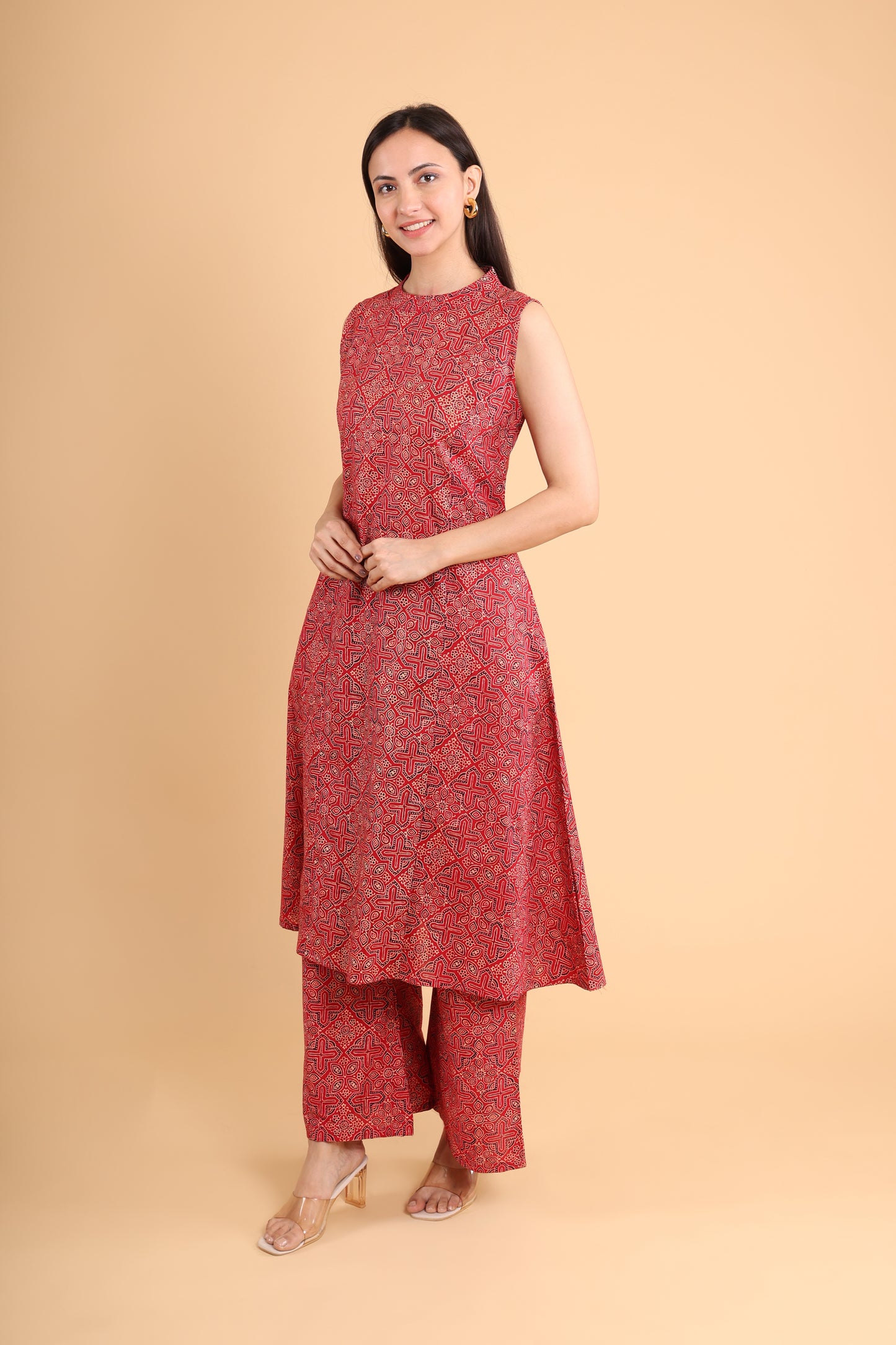 Red Sleeveless Handblock Printed Co-Ord Set