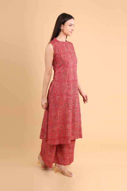 Red Sleeveless Handblock Printed Co-Ord Set