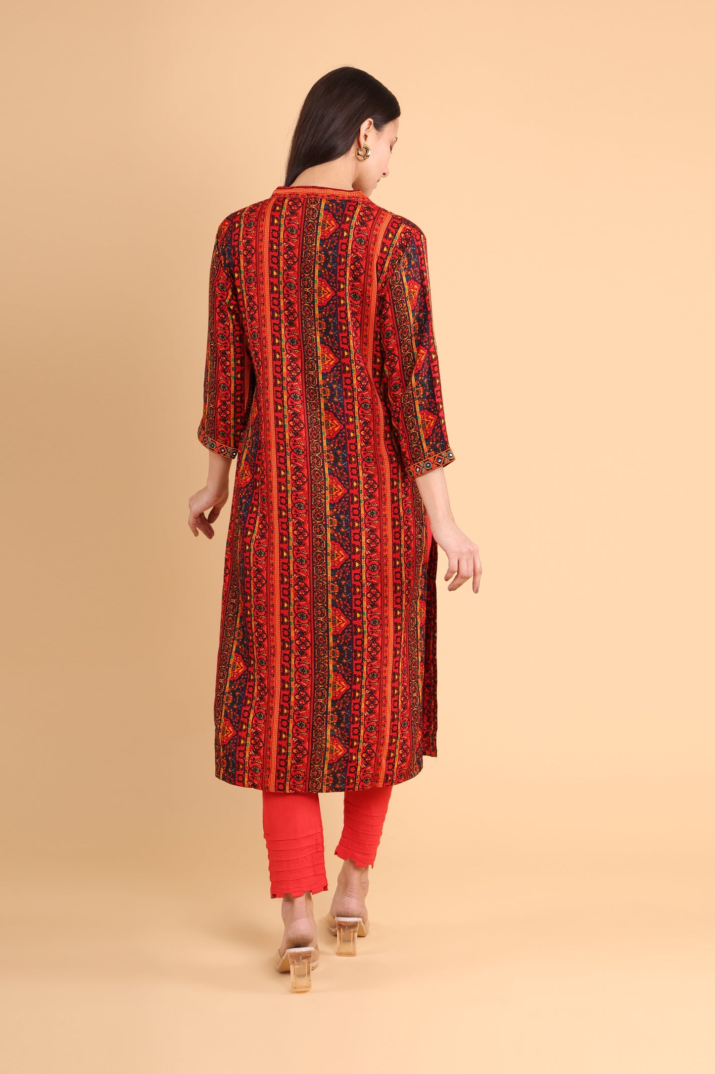 Red & Black Handblock Printed Kurti with Tassel Detailing