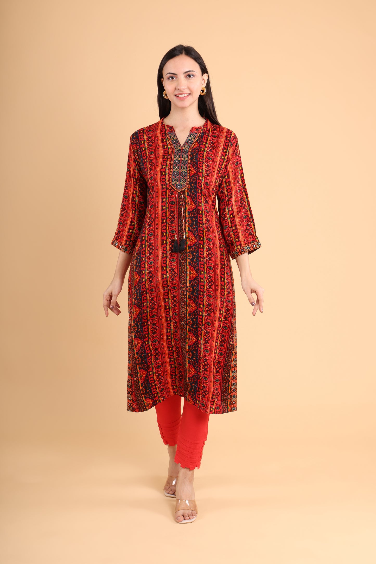 Red & Black Handblock Printed Kurti with Tassel Detailing