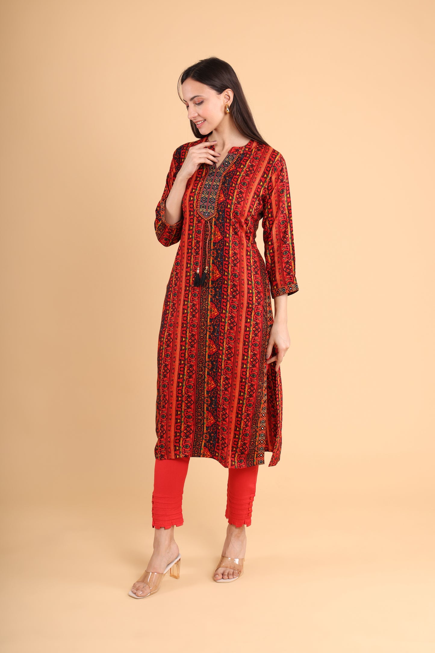 Red & Black Handblock Printed Kurti with Tassel Detailing