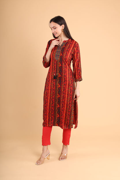 Red & Black Handblock Printed Kurti with Tassel Detailing