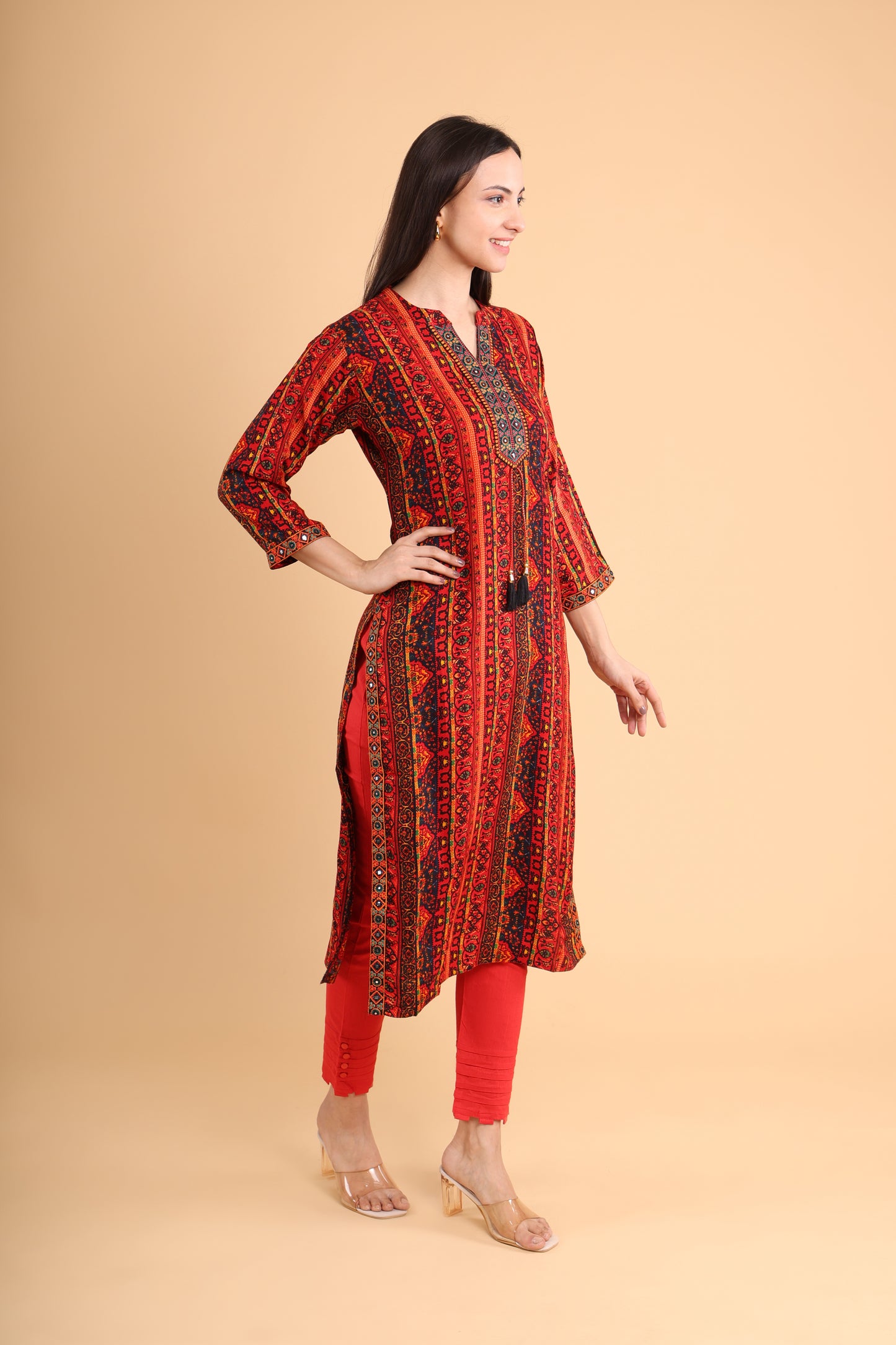 Red & Black Handblock Printed Kurti with Tassel Detailing