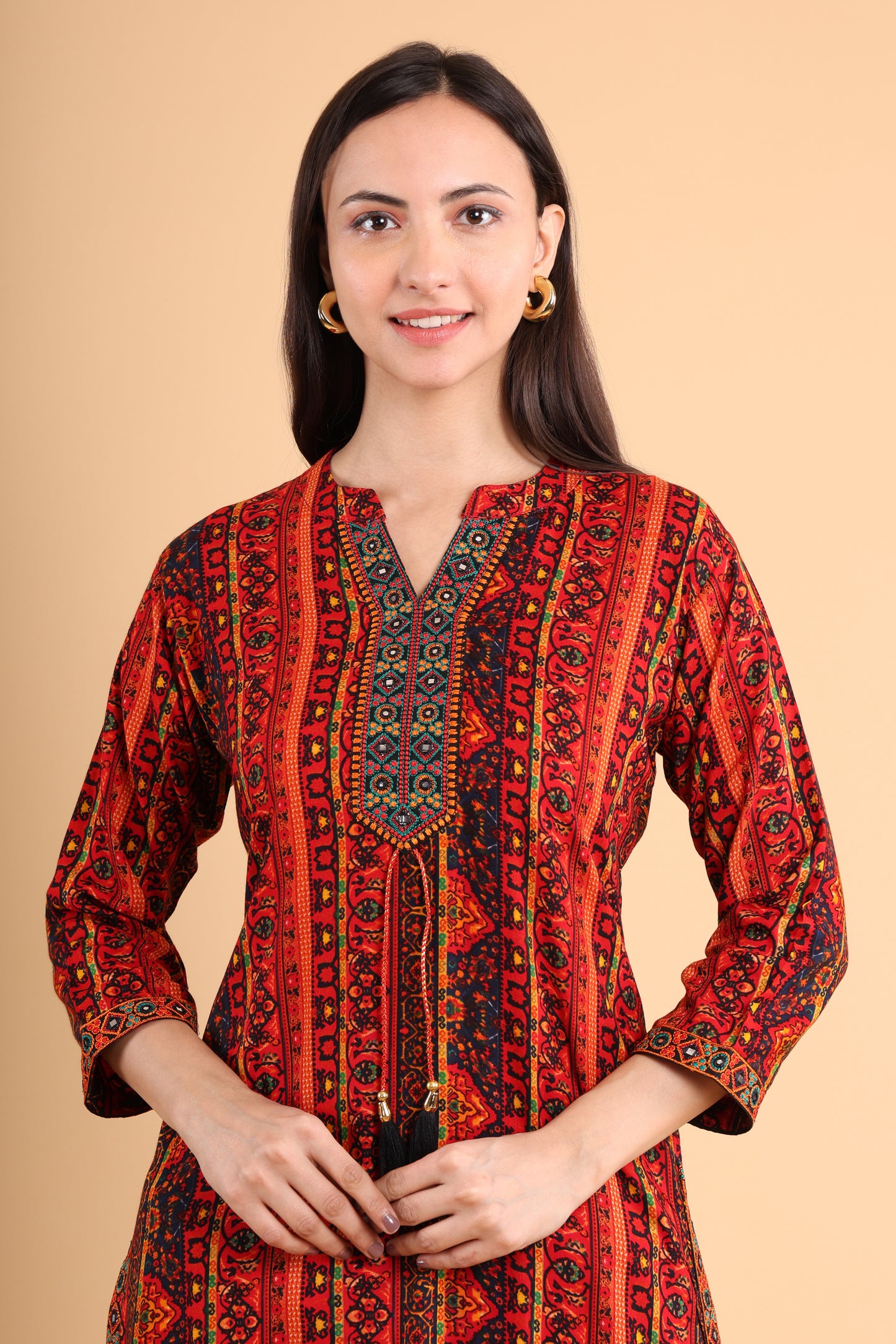 Red & Black Handblock Printed Kurti with Tassel Detailing