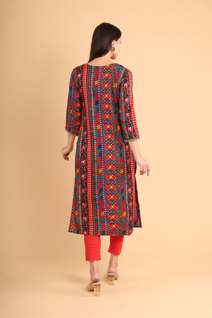 Multicolor Handblock Printed V-Neck Kurti