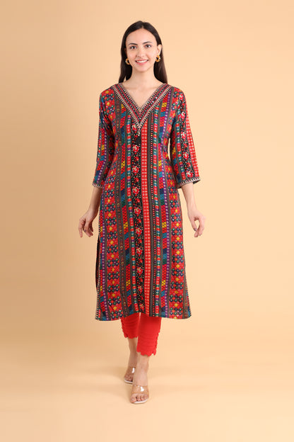 Multicolor Handblock Printed V-Neck Kurti