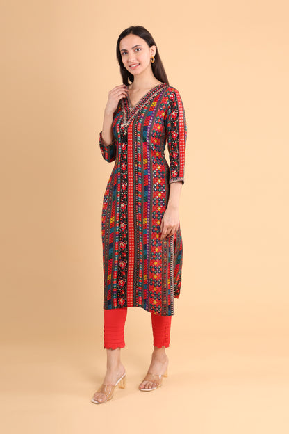 Multicolor Handblock Printed V-Neck Kurti