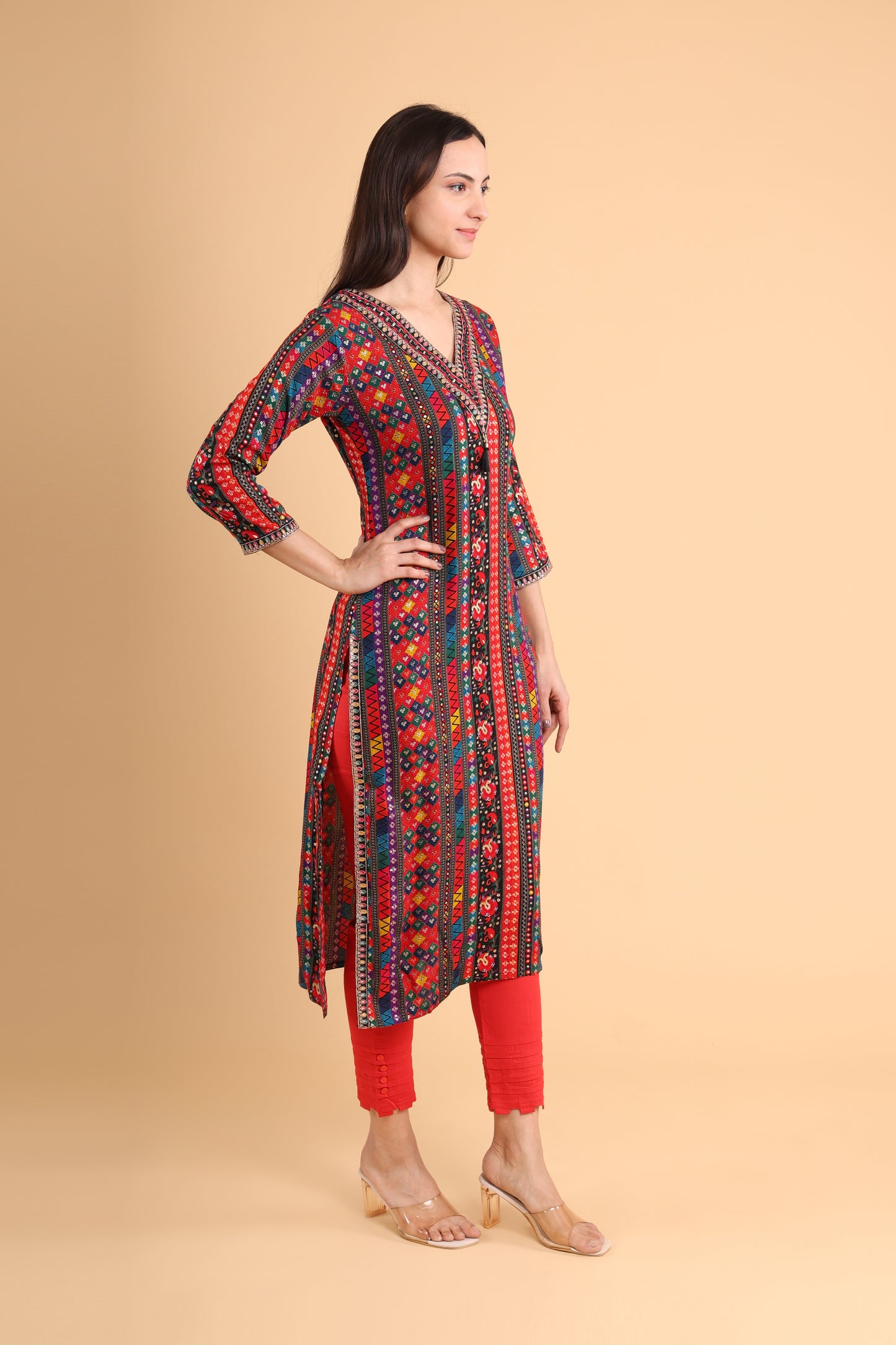 Multicolor Handblock Printed V-Neck Kurti