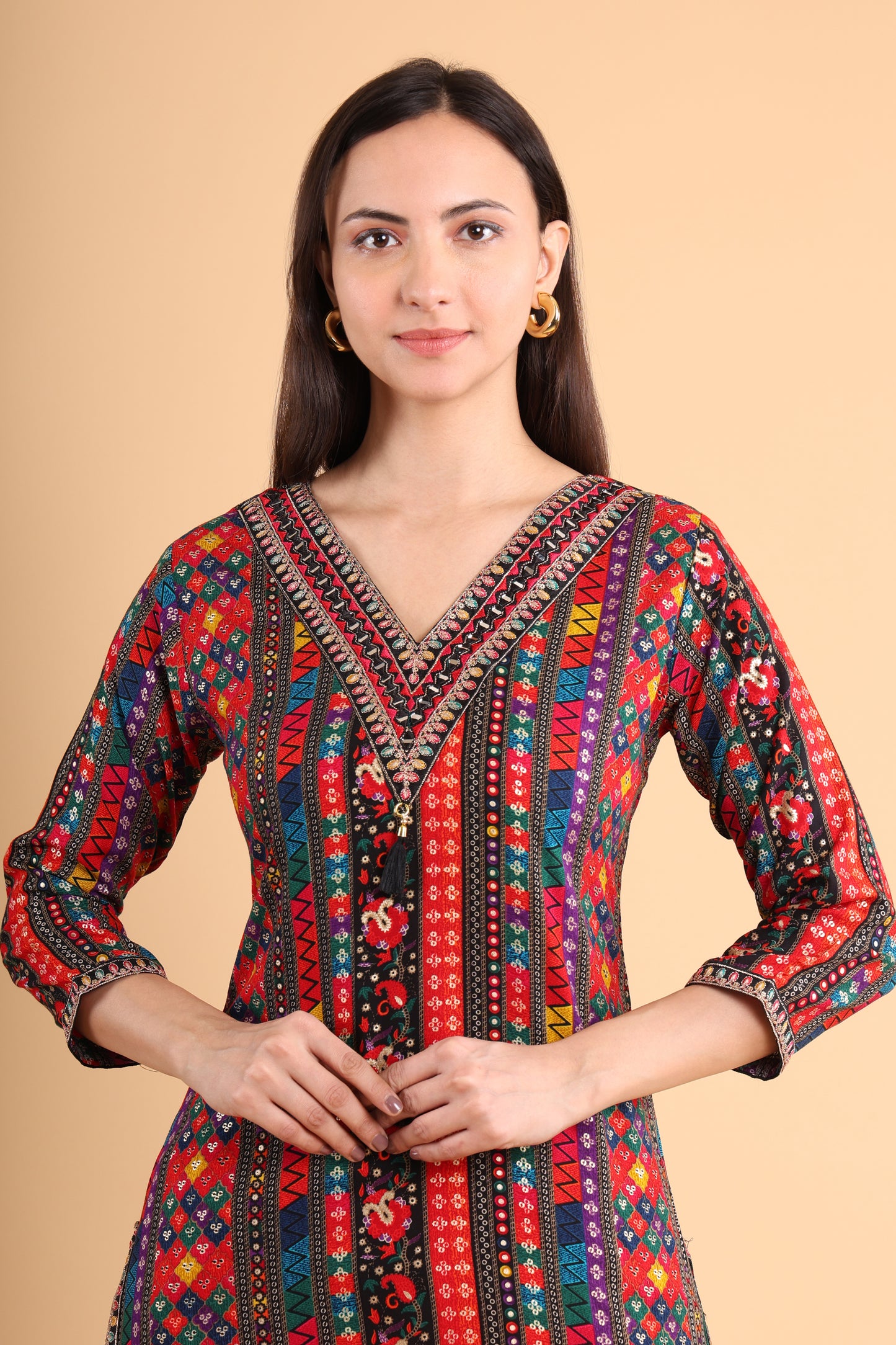 Multicolor Handblock Printed V-Neck Kurti