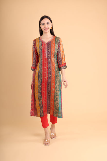 Multicolor Striped Printed Straight Kurti