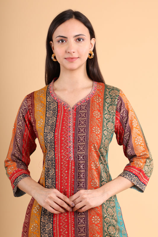 Multicolor Striped Printed Straight Kurti