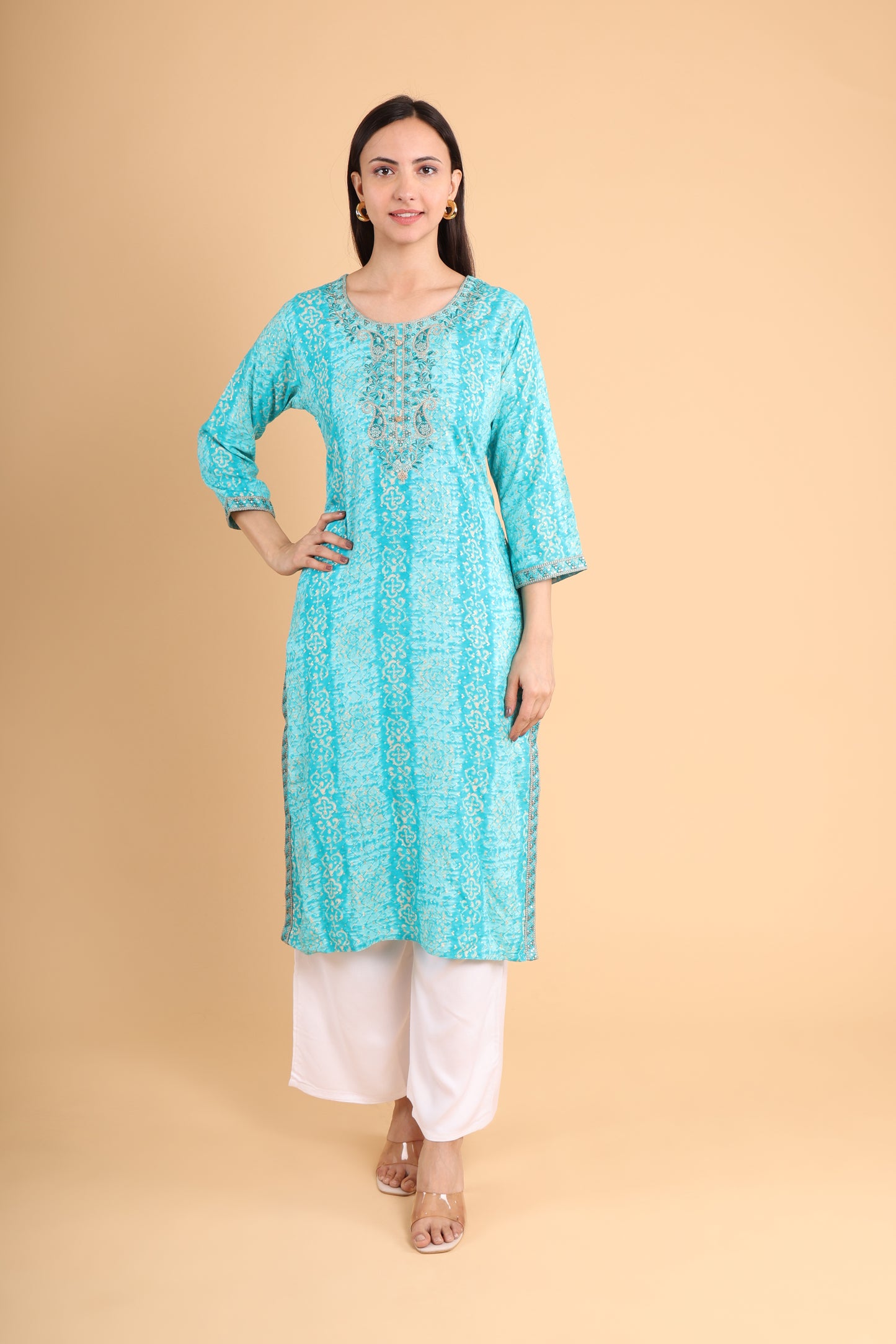 Graceful Aqua Blue Embroidered Kurti