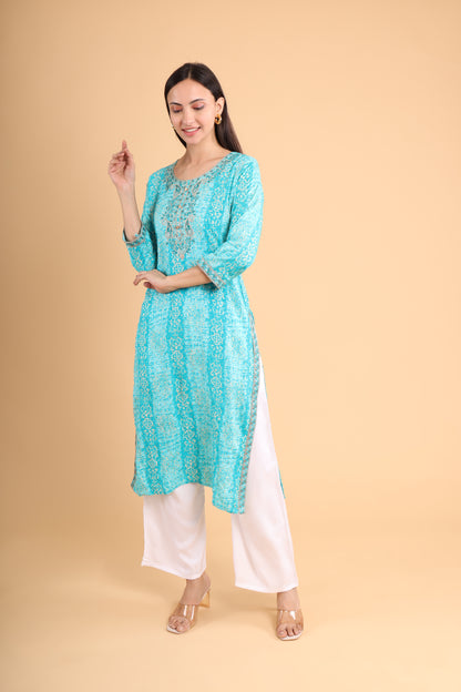 Graceful Aqua Blue Embroidered Kurti