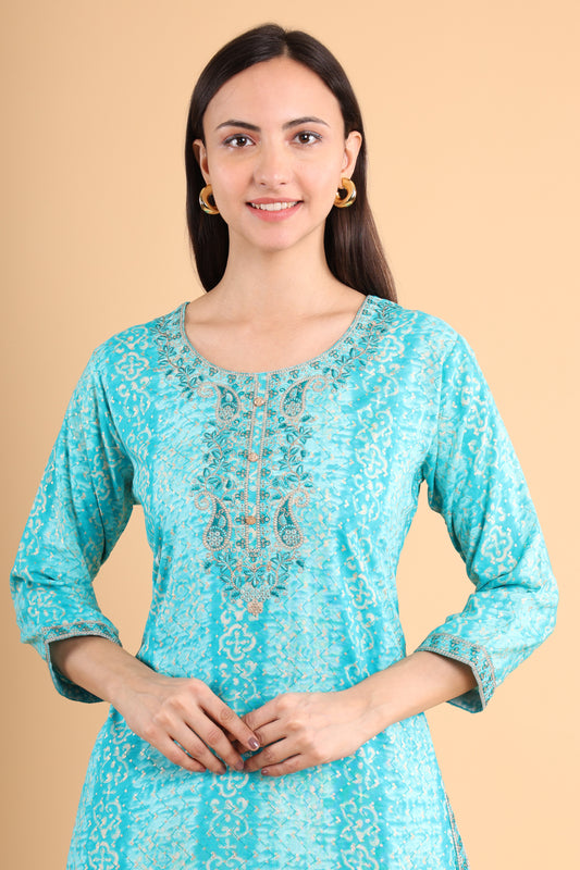 Graceful Aqua Blue Embroidered Kurti