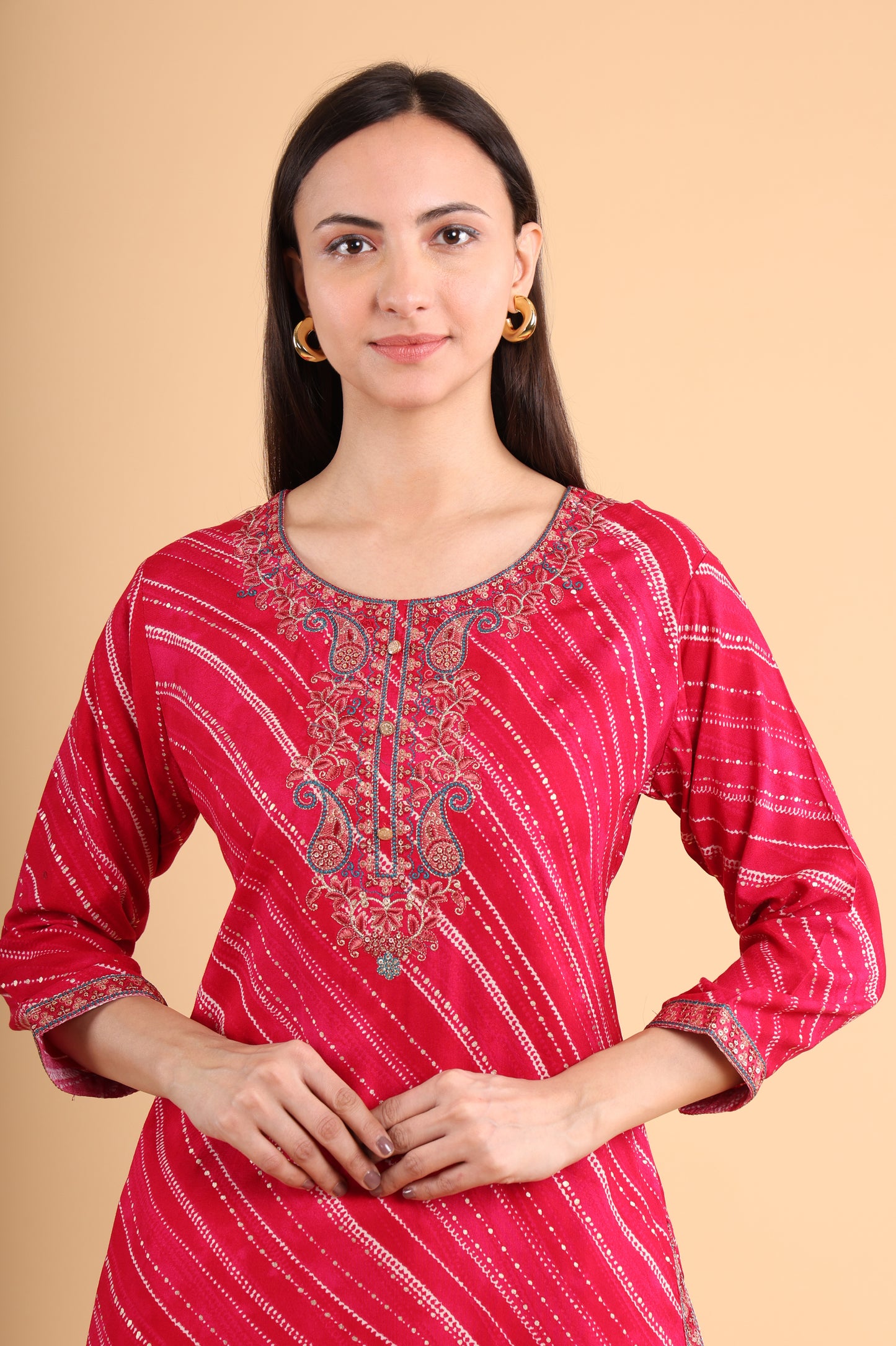 Elegant Red Bandhani Embroidered Kurti