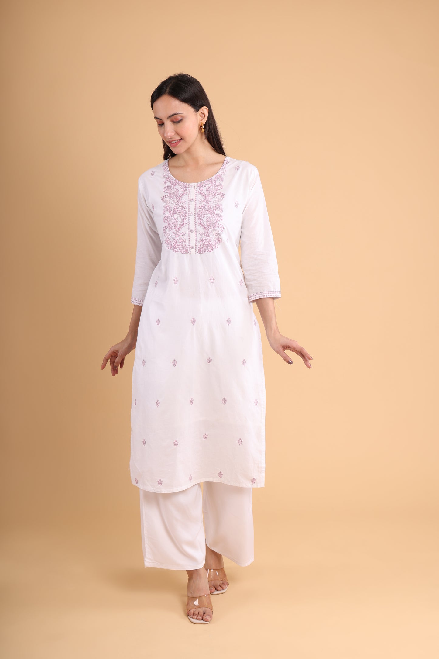 White Chikankari Kurti with Pink Paisley Embroidery