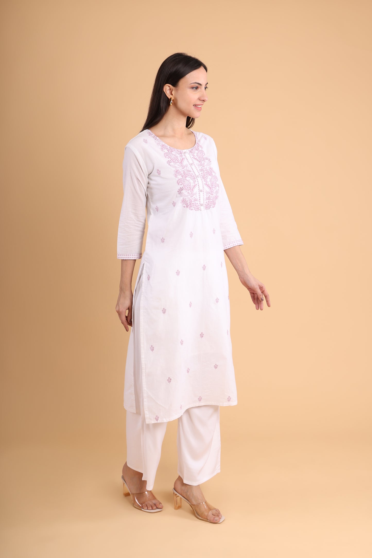 White Chikankari Kurti with Pink Paisley Embroidery