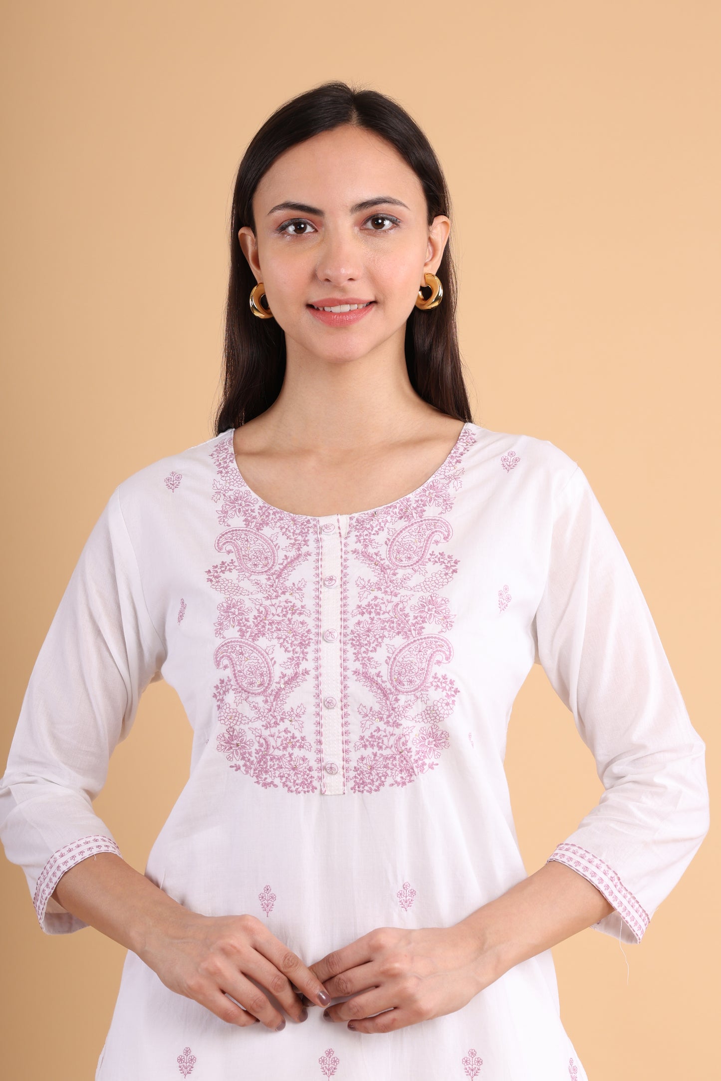 White Chikankari Kurti with Pink Paisley Embroidery