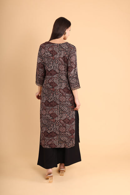 Black & Maroon Block Print Kurti with Tassel Detail