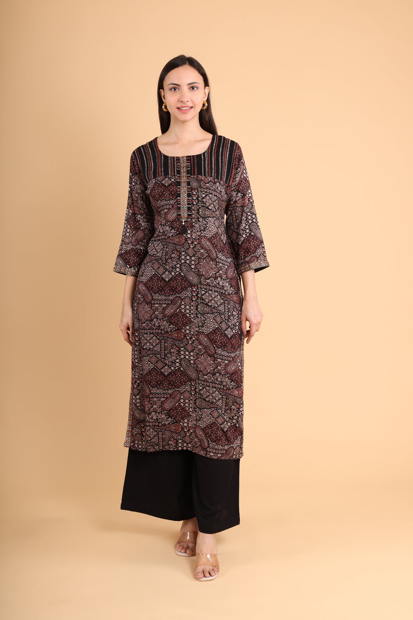 Black & Maroon Block Print Kurti with Tassel Detail