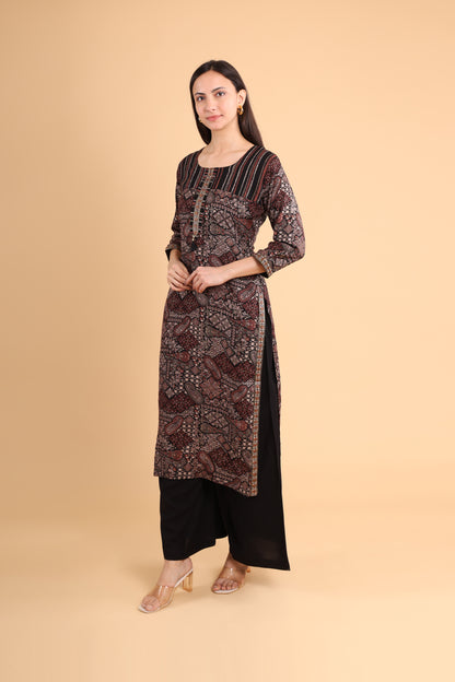 Black & Maroon Block Print Kurti with Tassel Detail