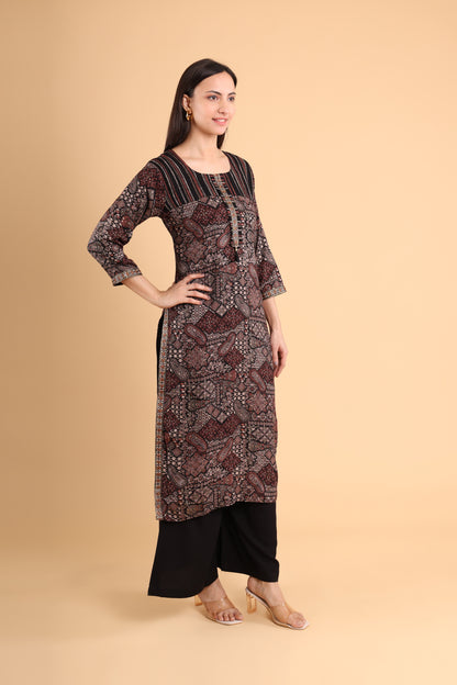 Black & Maroon Block Print Kurti with Tassel Detail