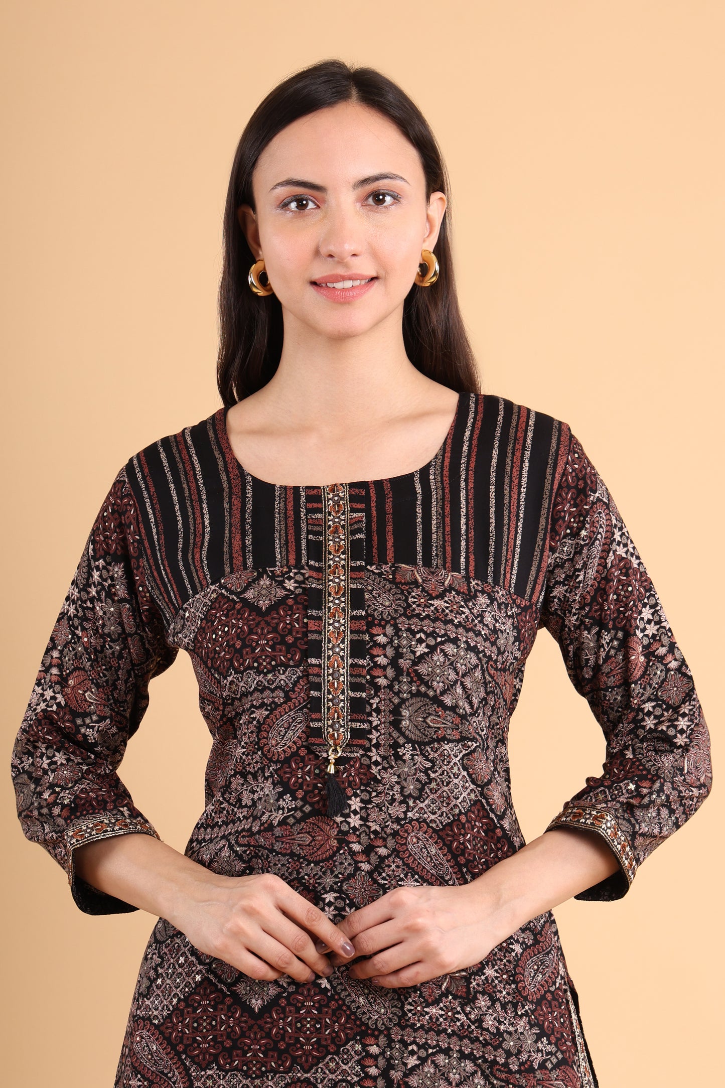 Black & Maroon Block Print Kurti with Tassel Detail